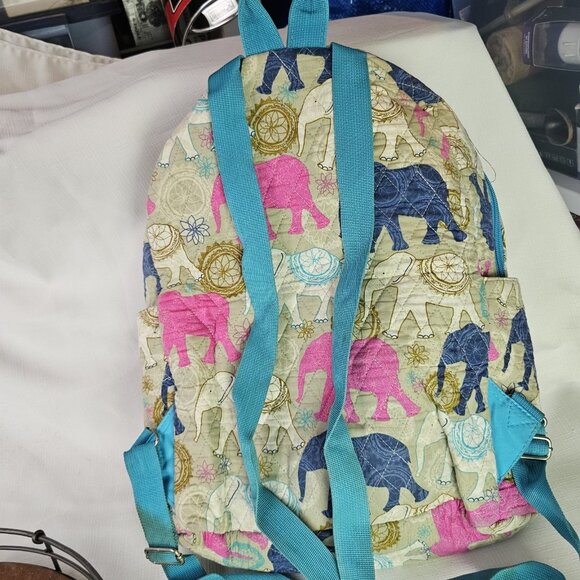 Sazy Bee Quilted Colorful Elephant Backpack, multi pocket Lt Blue straps - Picture 6 of 7